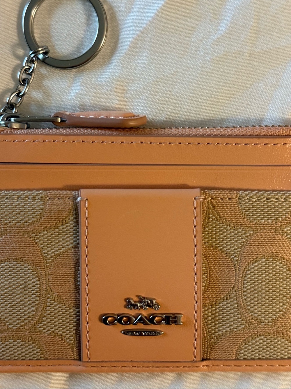 Coach Card Case Key Holder in Peach and Tan Signature Canvas